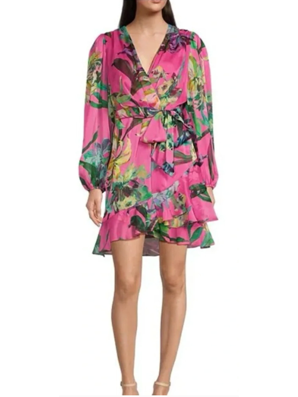 Alex Marie Laurel Chiffon Floral Wrap Dress Pink Fandango Womens Size 4 Belted